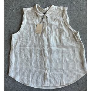 NWT NYDJ Button Blouse 2X Linen Sleeveless Striped Pocket Tank Top White Beach